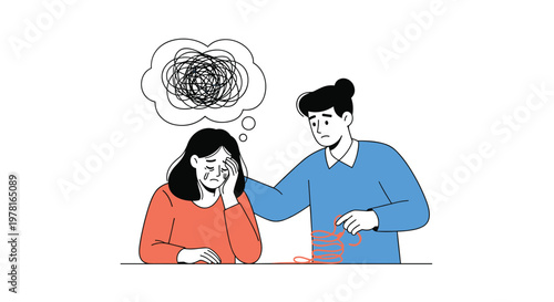 Compassionate friend or counselor comforts a crying woman who is overwhelmed by mental confusion and complex thoughts or anxiety.