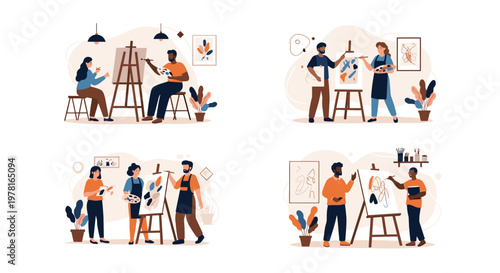 Creative artists work in an art studio workshop while painting colorful abstract canvases on wooden easels during a professional classes.