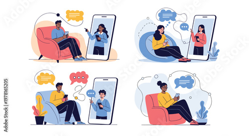 Illustrations show diverse people sitting in comfortable chairs while having remote video calls and online consultations via smartphone.