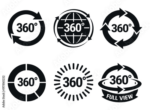Set of round arrow icons, symbols illustrating movement, immersive virtual reality experiences, and panoramic spheres