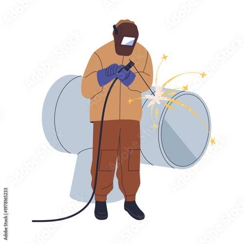Welder worker with professional welding torch, electrode tool. Industrial manufacturing process. Cutting metal with sparks, connecting pipes. Flat vector illustration isolated on white background