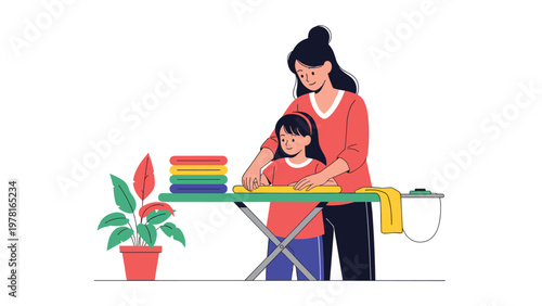 Heartwarming illustration of a mother and daughter happily ironing a stack of colorful clothes together at home.