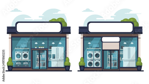Modern appliance store storefront shown in two versions one with an open door and one with a security shutter.