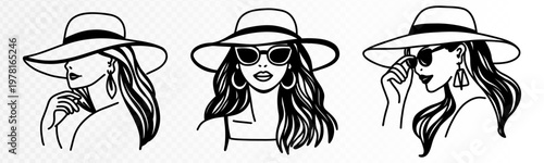 Set of fashionable woman face illustrations with flowing hair, sunglasses and elegant hats, refined feminine portrait collection in minimal hand drawn monochrome outline style for beauty design Vector