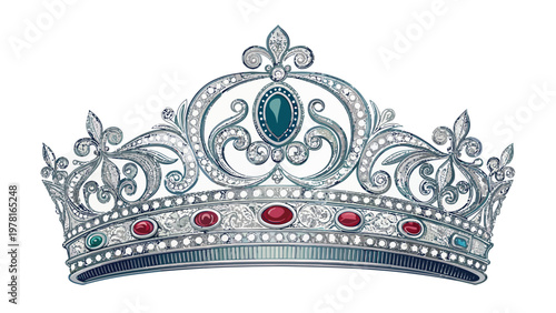 Luxurious european royal queen crown silhouette with red rubies and blue emerald gemstones vector illustration