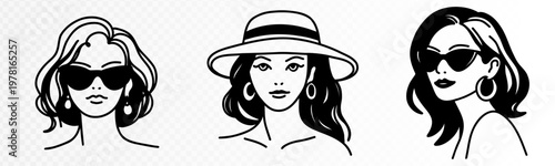 Set of elegant fashion woman portraits with short wavy hair, sunglasses and wide brim hats, chic feminine beauty line art collection in stylish hand drawn monochrome outline style. Vector illustration