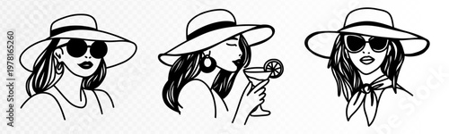 Collection of stylish fashion woman portraits in sunglasses and wide brim hats, elegant feminine beauty faces in expressive hand drawn monochrome line art with modern chic attitude. Vector