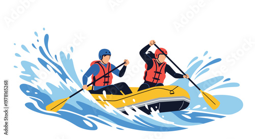 Energetic team of two people wearing professional safety gear is white water rafting through powerful river waves in a yellow boat.