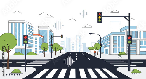 Empty urban city street with crosswalks traffic lights and modern office buildings under clear sky in perspective view.