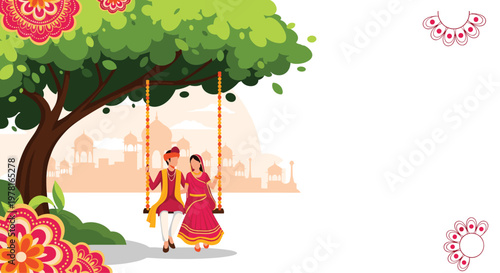 Beautiful indian wedding couple sitting on decorated swing under large green tree with palace silhouette background.