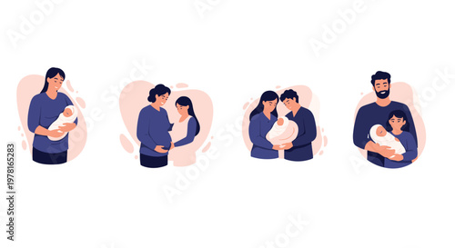 Tender moments of parenthood show mothers and fathers holding their newborns and a pregnant woman awaiting her child with love.