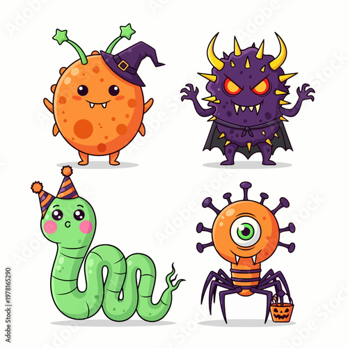 Photos Funny monster creatures standing happily on colorful square pop art backgrounds