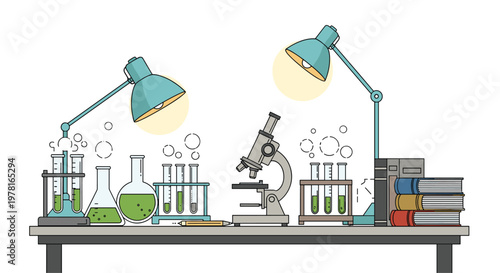 Science laboratory workspace features microscopes, glass beakers, test tubes with green liquid, and scientific reference books on a desk.