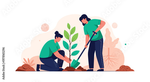 Two environmentally conscious women work together to plant a young green tree in the garden to help the planet and restore nature.