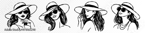 Fashion woman portrait set with wide brim hats, sunglasses and flowing hair, elegant feminine line art collection of stylish beauty faces in modern monochrome hand drawn outline style. Vector
