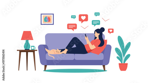 Young woman relaxes on purple sofa at home while browsing social media on her smartphone with a pet cat resting nearby her feet.