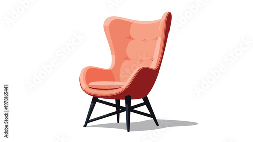 Stylish coral pink mid-century modern armchair with dark wooden legs and button tufting detail isolated on white background.
