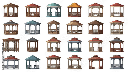 Large collection of diverse wooden garden gazebo designs showing various architectural styles, colors, and structural details.