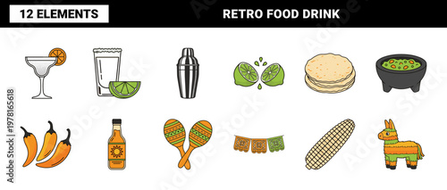 Retro Mexican Food and Tequila Elements