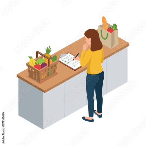 Woman planning shopping list on clipboard at counter with basket and bag