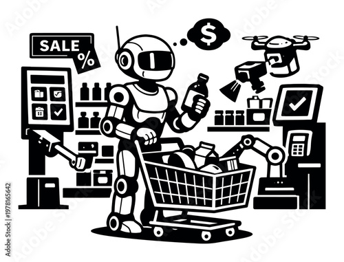 Robot pushing a shopping cart filled with groceries, using smart retail technology and automation for a futurist shopping experience