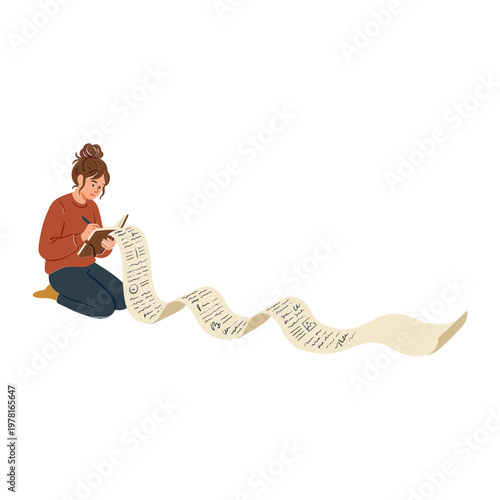 Woman sits cross-legged on floor reading long scrolling document with quill