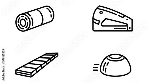 Office Essentials: A meticulously composed overhead shot features a selection of indispensable office tools, neatly arranged, emphasizing minimalism and functionality.