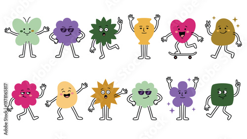 Funny Colorful Shape Characters with Faces and Legs. Cute Retro Groovy Mascots, Flower, Heart, Star, Square. Comic Cartoon Sticker Set. Flat Vector Illustrations Isolated on White Background