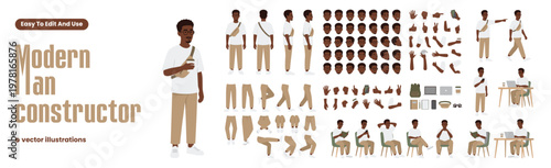 Black Man Character Constructor. Male Body Parts, Elements, Animation Kit, Set with Face, Arm, Leg Poses, Movements, Different Positions. Flat Vector Illustration Isolated on White Background
