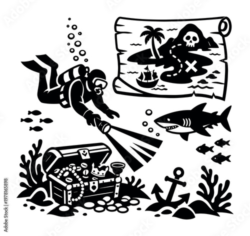 Scuba diver exploring ocean bottom, shining light on a treasure chest filled with gold coins and pearls near an anchor, finding pirate riches