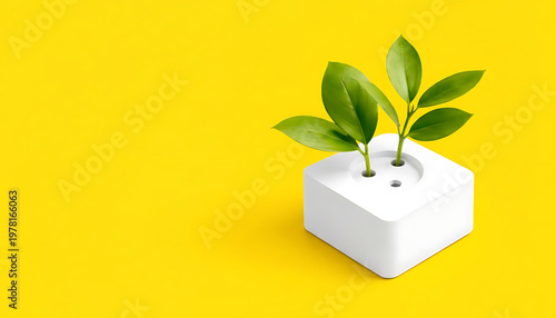 Minimalist eco plant growing from white socket on yellow background, sustainable energy concept, copy space