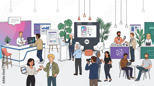 People at Business Exhibition and Trade Show Event. Diverse Visitors, Professionals and Exhibitors at Stalls. Product Promotion and Networking. Flat Vector Illustration Isolated on White