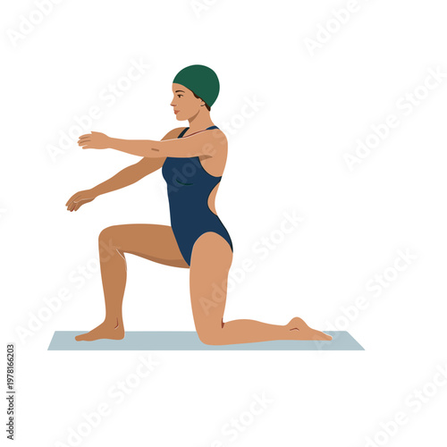 Woman in swimsuit and swim cap performing exercise on yoga mat indoors