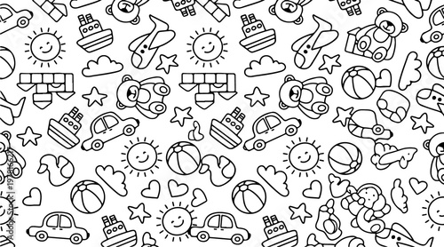 Принти на полотні Hand drawn doodle seamless pattern with kids toys, black and white line art colo