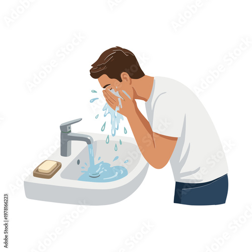 Man washing face with soap and water at a sink indoors