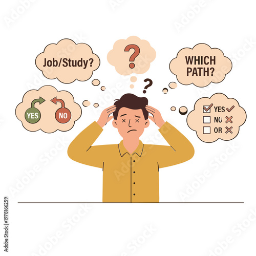 A man is surrounded by thought bubbles with questions and options while making a difficult decision at a table.