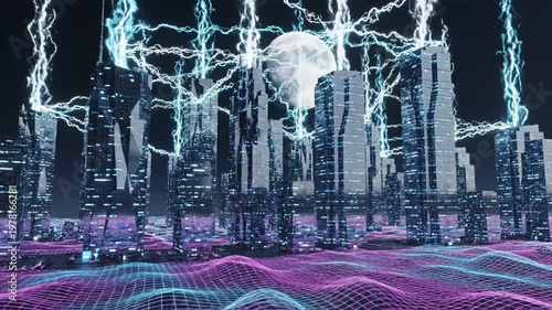 Futuristic Cityscape with Lightning and Moon, Neon Grid Landscape