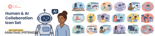 Human and AI Collaboration Icon Set. People Working with Robot, Artificial Intelligence Technology. Digital Assistant, Chatbot Communication. Flat Vector Illustrations Isolated on White Background