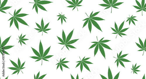 Cannabis Leaf Pattern Seamless Background with Green Marijuana Leaves Repeating Botanical Texture for Textile Packaging and Modern Design Use.