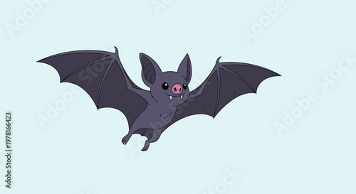 Friendly purple cartoon bat with large ears and wings spread wide flies through the clear blue sky in this cute animal illustration.
