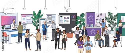 People at Business Expo Center During Exhibition Event. Marketing Professionals, Exhibitors at Stalls and Visitors. Communication and Product Promotion. Flat Vector Illustration