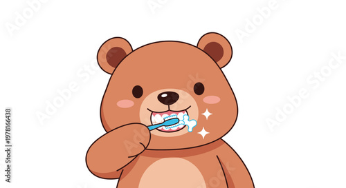 Adorable brown bear character is diligently brushing its teeth with a blue toothbrush and white toothpaste foam on a white background scene.