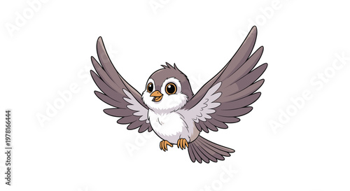 Small brown sparrow bird with wide spread wings is captured in a mid-flight pose isolated on a plain white background for nature art piece.
