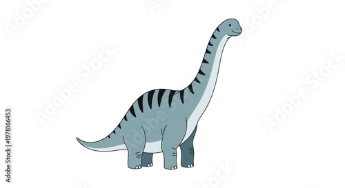 Long-necked brachiosaurus dinosaur with a gray body and black stripes is shown standing in a simple profile view on a white background image.