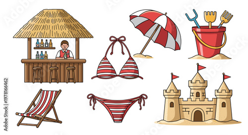 Collection of beach vacation icons including a tiki bar, sandcastle, bikini, and lounge chair is shown for summer holiday design theme ideas.