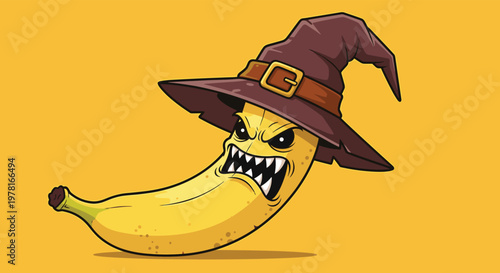 Scary banana character with sharp teeth and an evil expression is wearing a brown witch hat on a bright yellow background for halloween party.