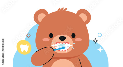 Cute brown bear is brushing its teeth with white foam and stars on a blue background with a tooth icon for dental health awareness campaign.