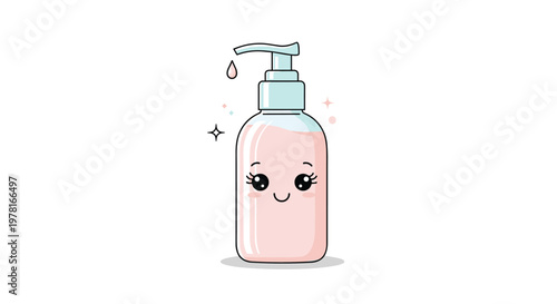 Cute soap or lotion dispenser bottle with a pump and a friendly smiling face is illustrated on a plain white background for hygiene posters.