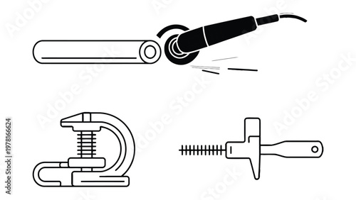 Mechanical Tools' Precision: A meticulously crafted illustration features an electric grinder in action, alongside essential tools like a clamp and a bolt.