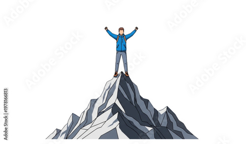 Vector illustration of male standing on mountain top with personal growth and success concept